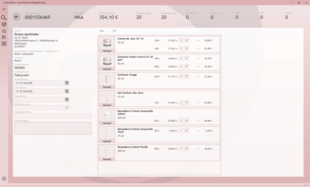 2. App Template Bestellübersicht der awisto CRM Mobile Branchenlösung Pharma & Kosmetik des Kunden Louis Widmer