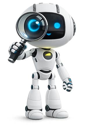 Robot looking through a magnifying glass for our menu or navigation